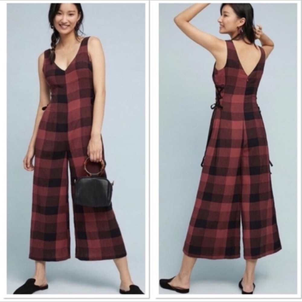 Anthropologie Ett:twa Red & Black Checked Plaid Wide Leg Crop Jumpsuit Size 2